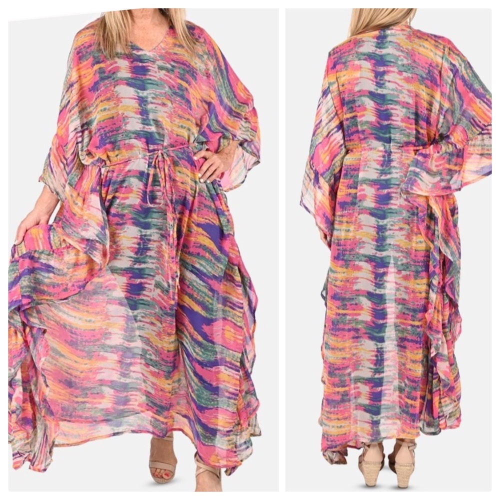 FREE FLOWING MULTI COLOR CHIFFON CAFTAN / KAFTAN DRAWSTRING S-3X TRAVEL COVER